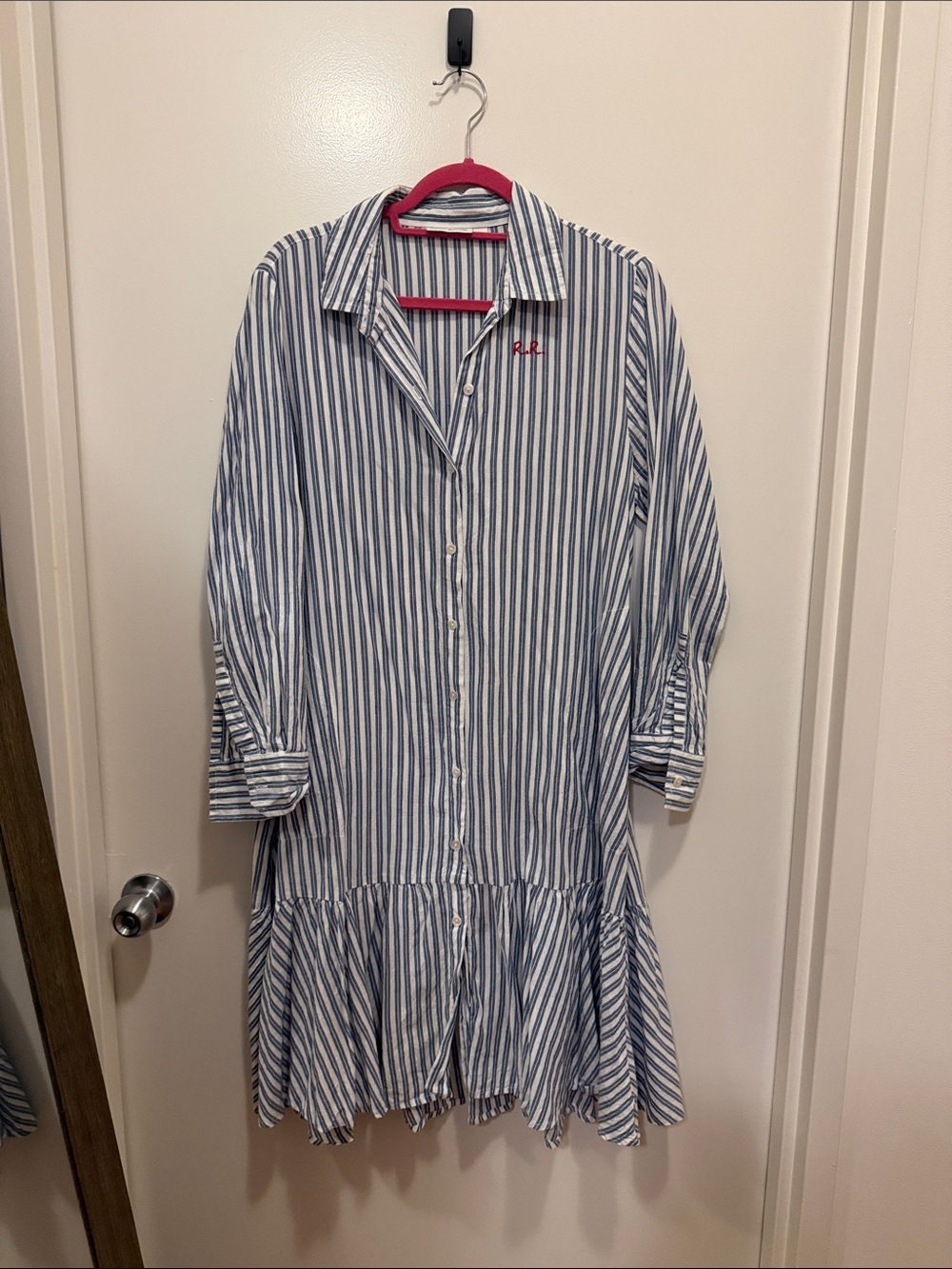 Roller Rabbit: Striped Blue and White Button-Down Dress with Embroidery